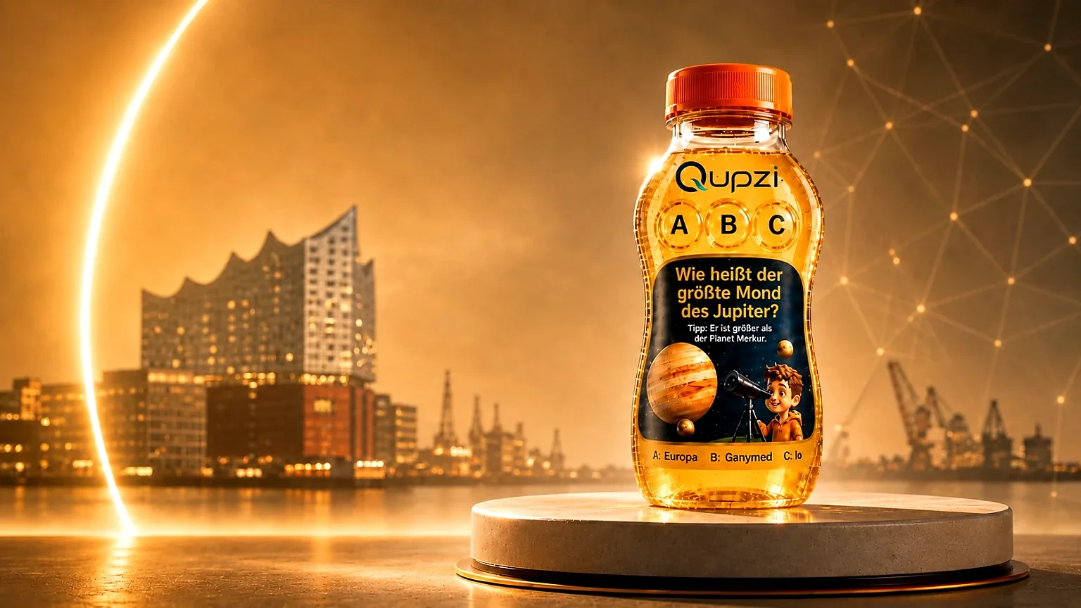 Qupzi bottle glowing on a beverage shelf