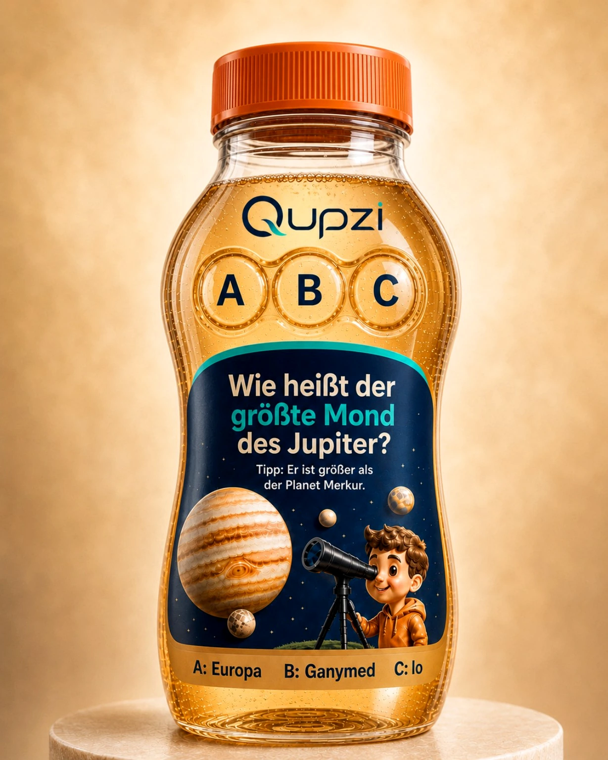 Close-up of Qupzi Jupiter quiz bottle