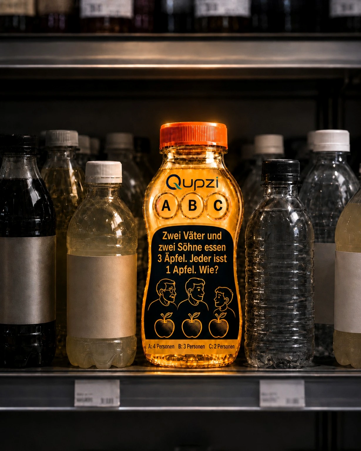 Qupzi bottle glowing on a beverage shelf